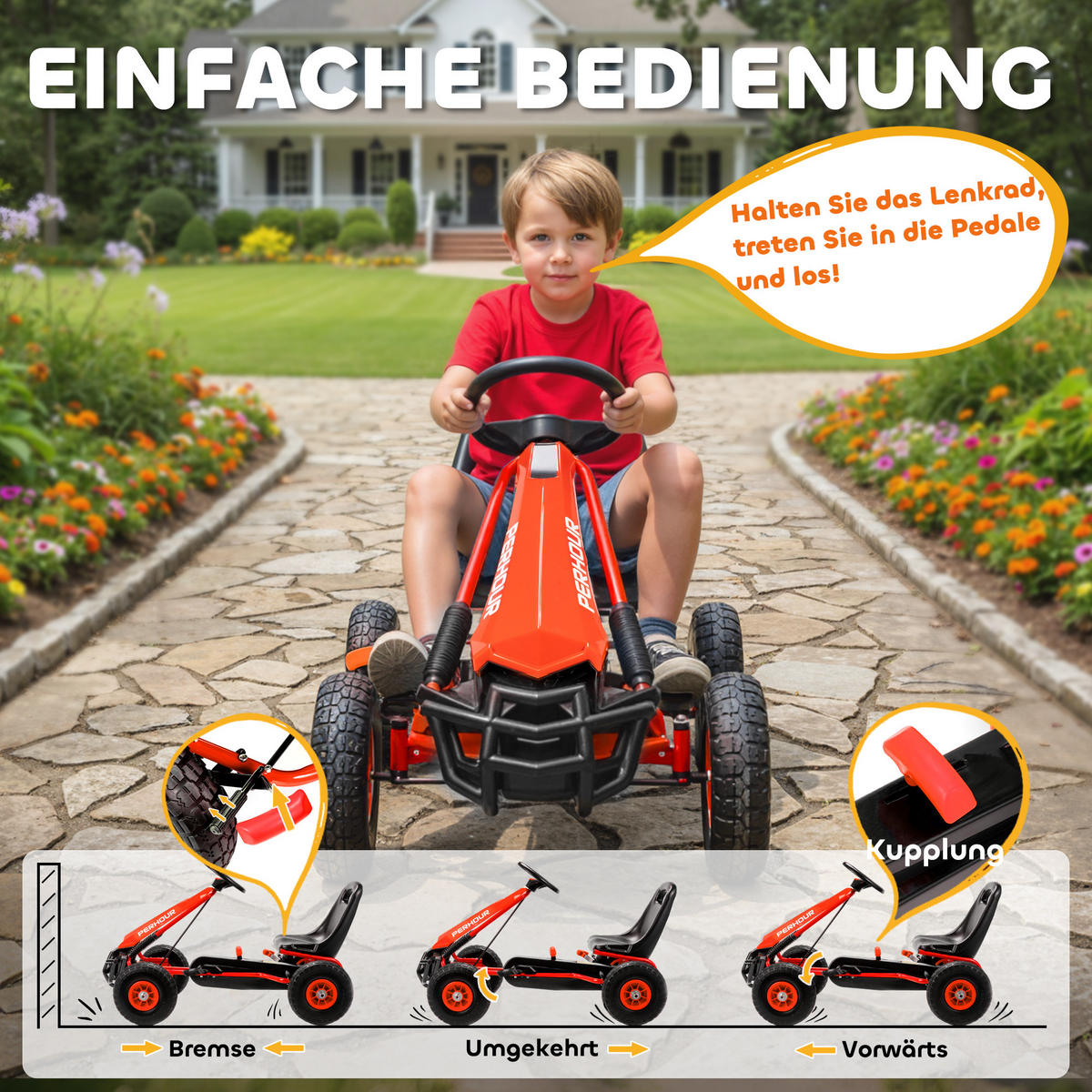 GOKART, šlapací autíčko s ruční brzdou, nastavitelným sedadlem, jízdou vpřed a vzad - červená, kov (110/61/62cm) - AIYAPLAY
