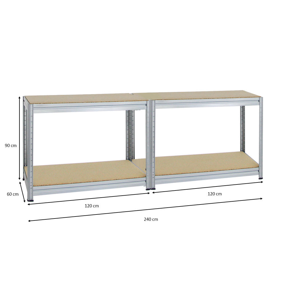 WERKBANK Dino 2er-Set mit 2x höhenverstellbar 90x120x60 cm Traglast 600 kg Verzinkt - Silberfarben, Metall (240/90/60cm) - PROREGAL