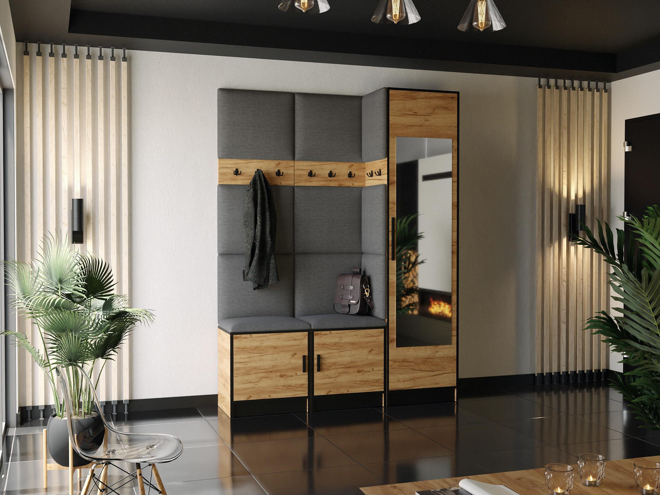GARDEROBE ROJ 20 - 159,6x205x39cm Eiche Craft Gold + Stoff Grau - Honigeiche/Grau, Holzwerkstoff (159.6/205/39cm) - Kier Furniture