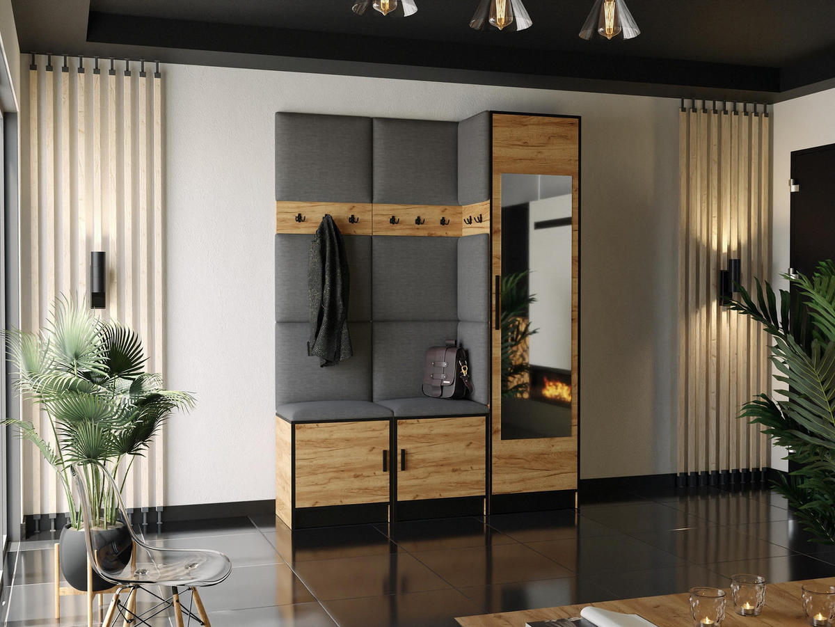 GARDEROBE ROJ 20 - 159,6x205x39cm Eiche Craft Gold + Stoff Grau - Honigeiche/Grau, Holzwerkstoff (159.6/205/39cm) - Kier Furniture