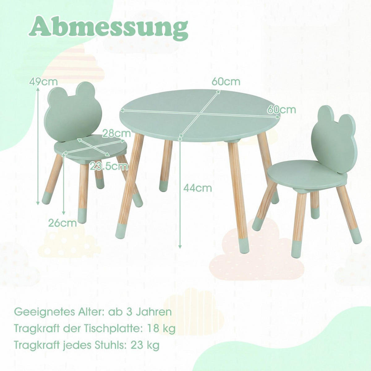 KINDERTISCH mit stuhl grün(3-tlg) - Grün, Holzwerkstoff (60/44/60cm) - COSTWAY