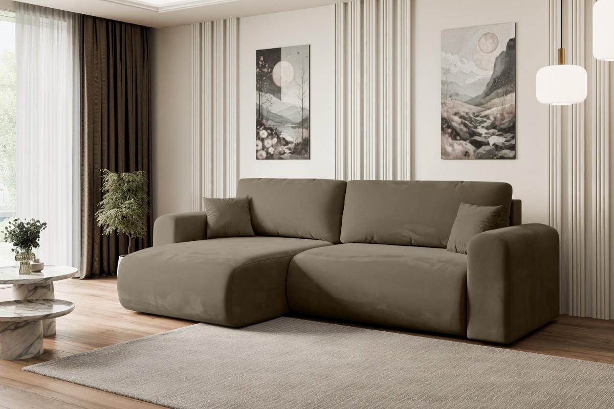 ECKSOFA mit Schlaffunktion und Bettkasten ORRO-L - 272x145x83 cm Braun Velours - Schwarz/Braun, Holzwerkstoff/Kunststoff (272/145cm) - ALTDECOR