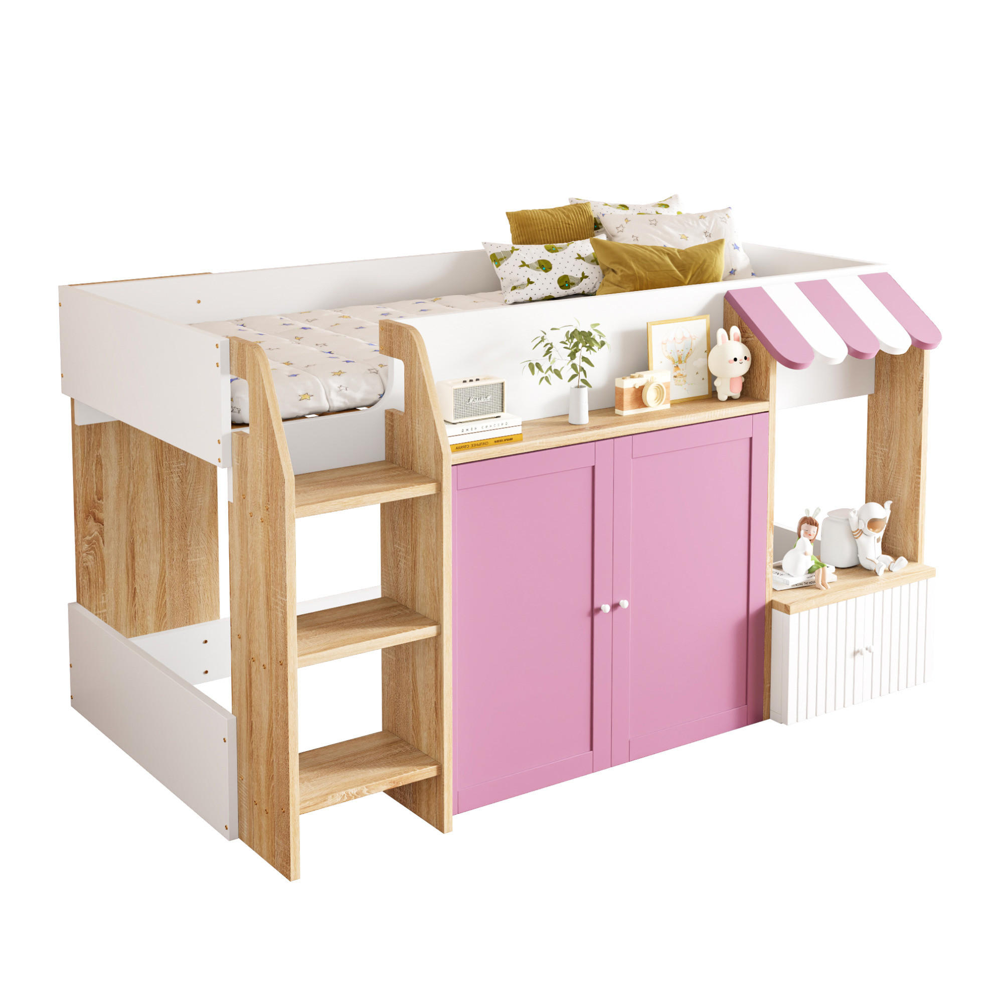 HOCHBETT aus Holz 90x200 cm in Rosa mit Leiter & Stauraum - Rosa, Holzwerkstoff (90/200cm) - Modfu