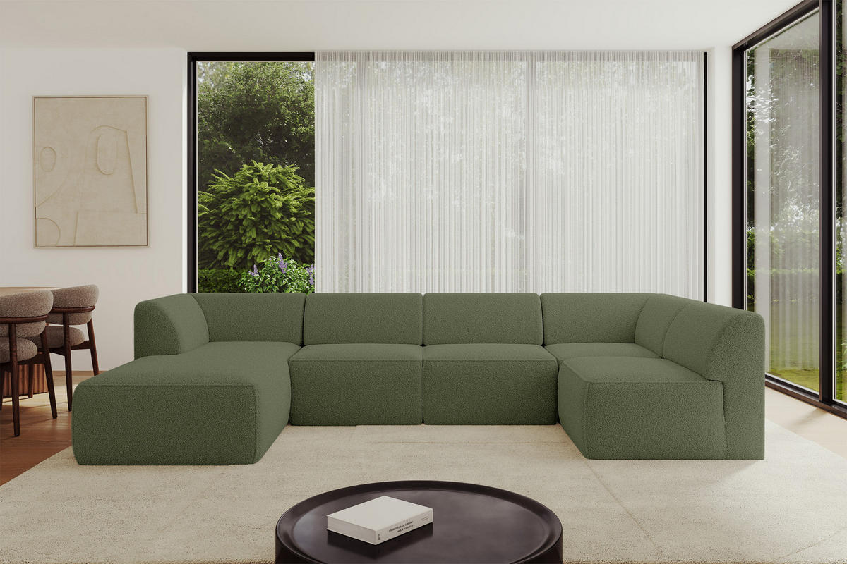 WOHNLANDSCHAFT Ottomane Links MOVO-L 345x180x78 cm Grün Bouclé - Dunkelgrün, Holzwerkstoff/Kunststoff (345/78/180cm) - ALTDECOR