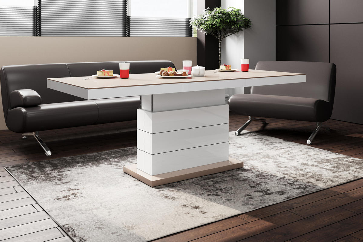 COUCHTISCH rechteckig Cappuccino Weiß Hochglanz auziehbar höhenverstellbar 120/70/50 cm - Weiß Hochglanz/Cappuccino, Holzwerkstoff (70/120/50cm)
