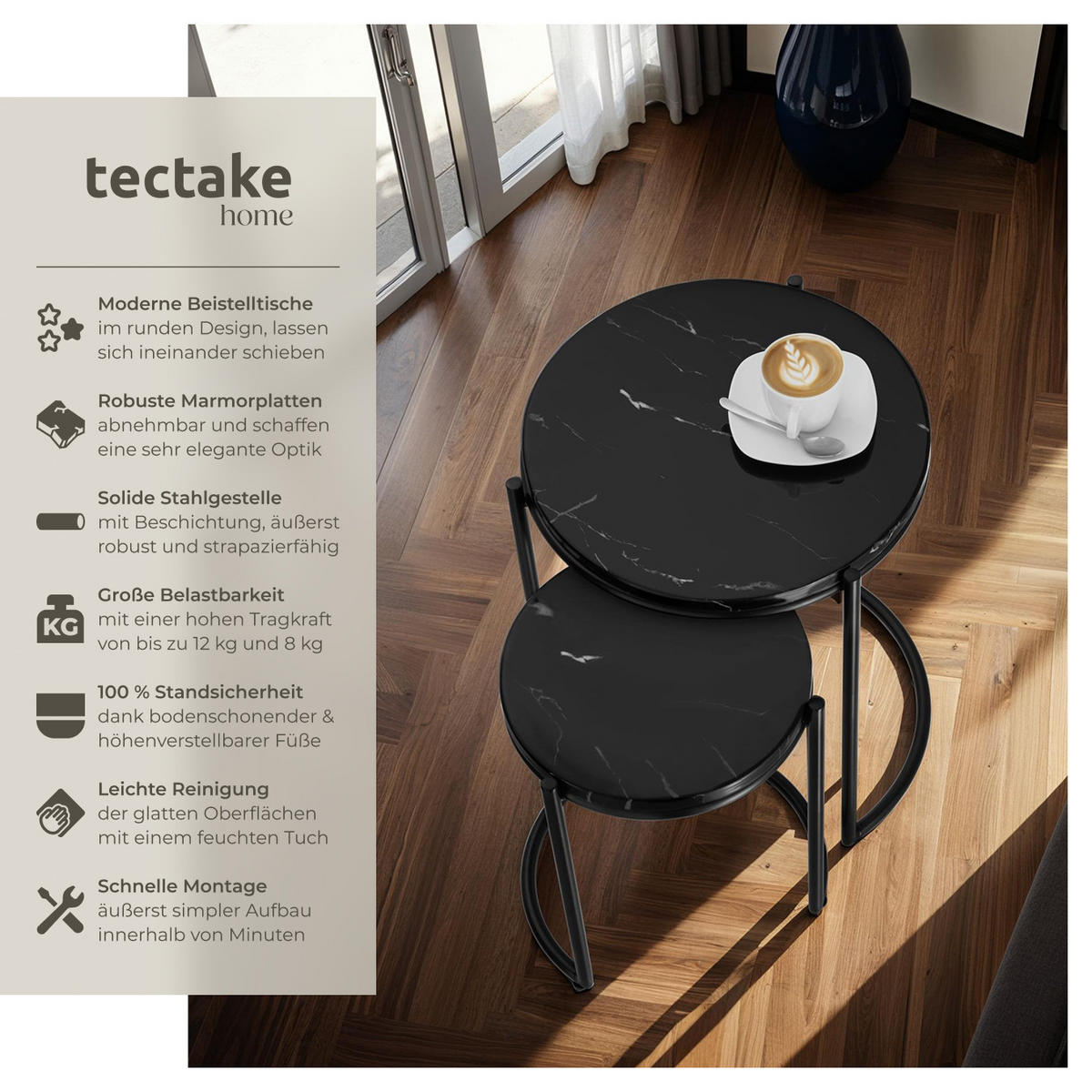BEISTELLTISCH Ellsa,ineinander schiebbar,schwarz/schwarz - Schwarz, Stein (43/43/50.5cm) - tectake