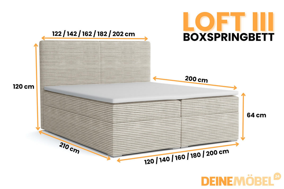 BOXBETT LOFT III 160/200 Cord Ecru mit Taschen-Federkernmatratzen 7 Zonen H4 - Ecru, Holz/Holzwerkstoff (160/200cm) - Deine Möbel 24