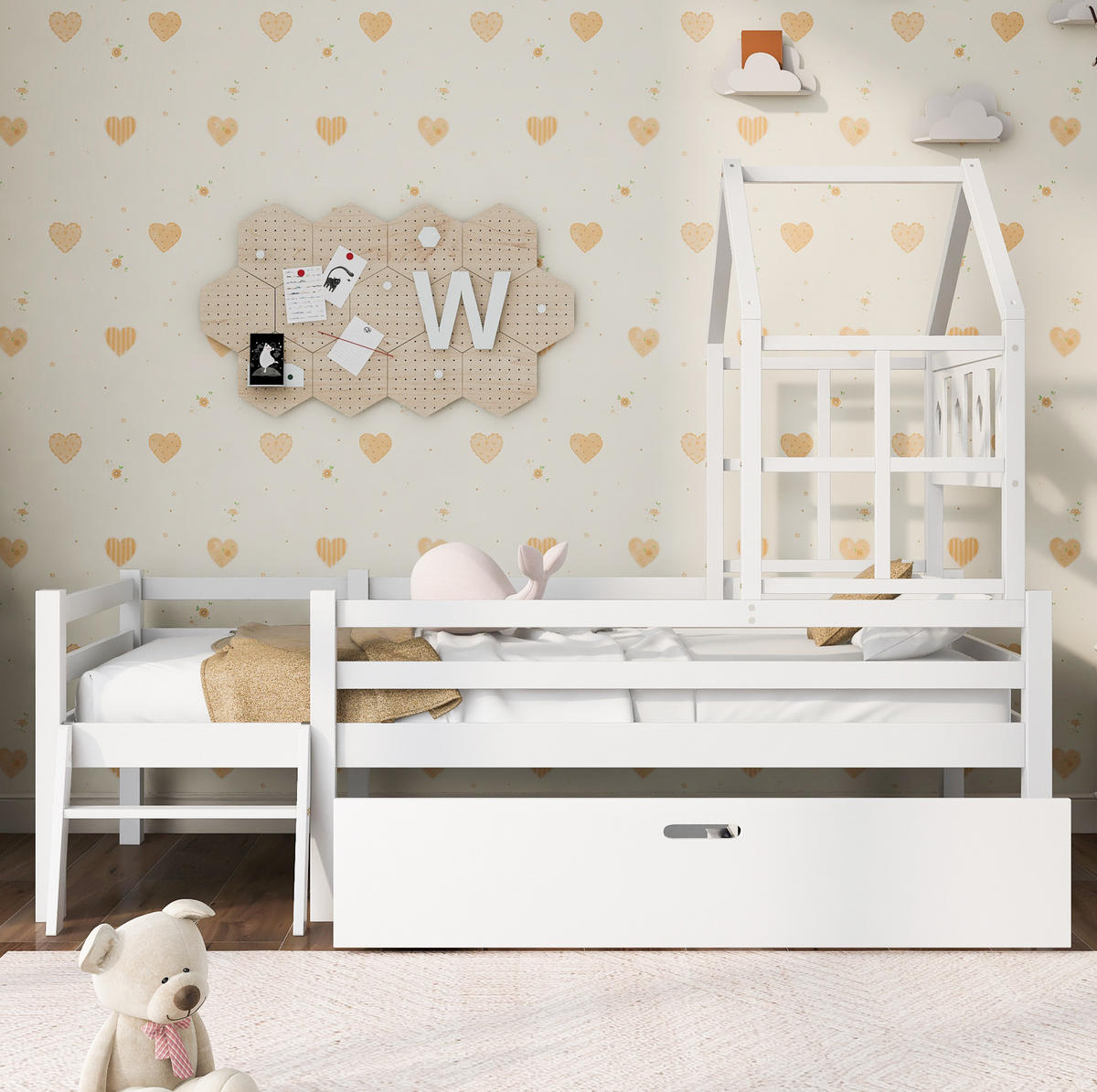 HAUSBETT 90/200 cm Weiß aus Massivholz mit Schublade - Weiß, Holz (90/200cm) - OKMYHOME