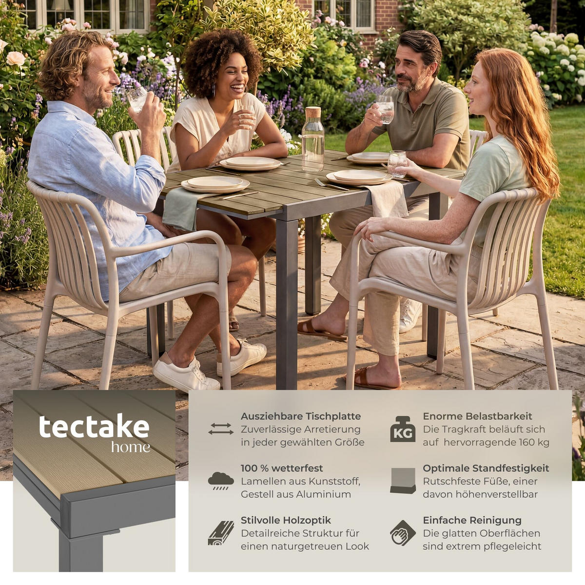 GARTENTISCH aus Aluminium Inca, 80–120 x 80 x 74 cm, schwarz/braun - Schwarz/Braun, Kunststoff (120/80/74cm) - tectake