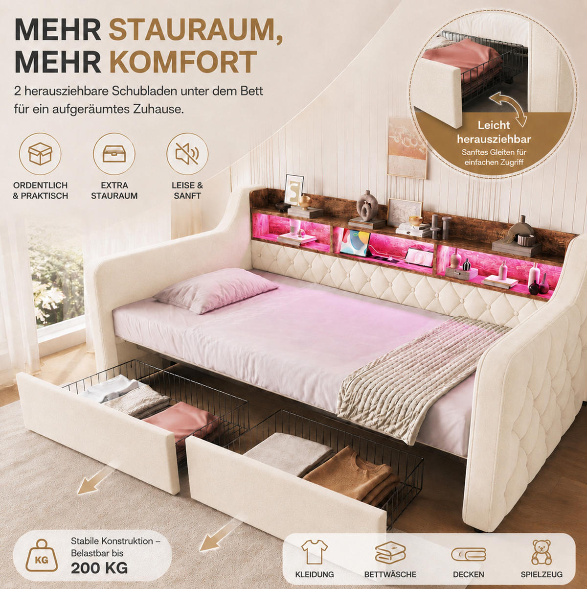 POLSTERBETT aus Velvet 90x190 cm Beige mit LED-Beleuchtung, Ladefunktion und 2 Schubladen - Beige, Textil (90/190cm) - Modfu