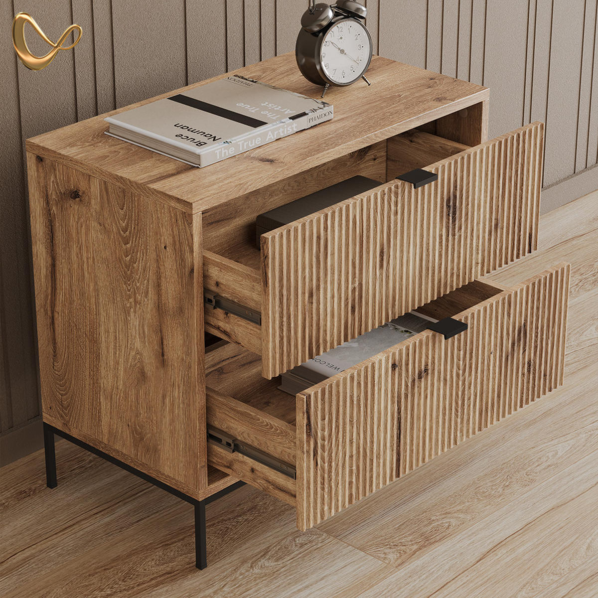 NACHTTISCH Aterno Viking Oak mit 2 Schubladen - Eichefarben, Holzwerkstoff (66/60/36cm) - Livinity®