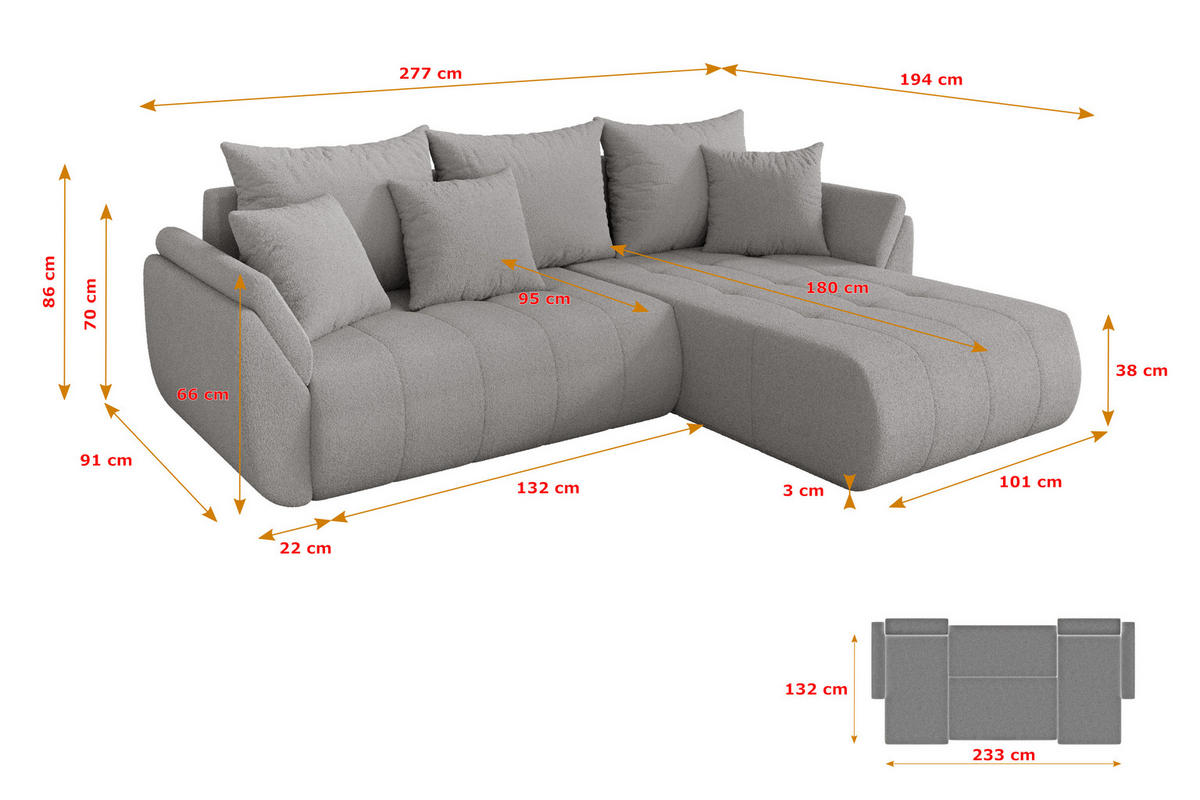 ROHOVÁ SEDAČKA s funkcí spaní, otoman vpravo TOKO-L 277x194x86 světle šedá bouclé - černá/stříbrná, kompozitní dřevo/textil (277/194cm) - ALTDECOR