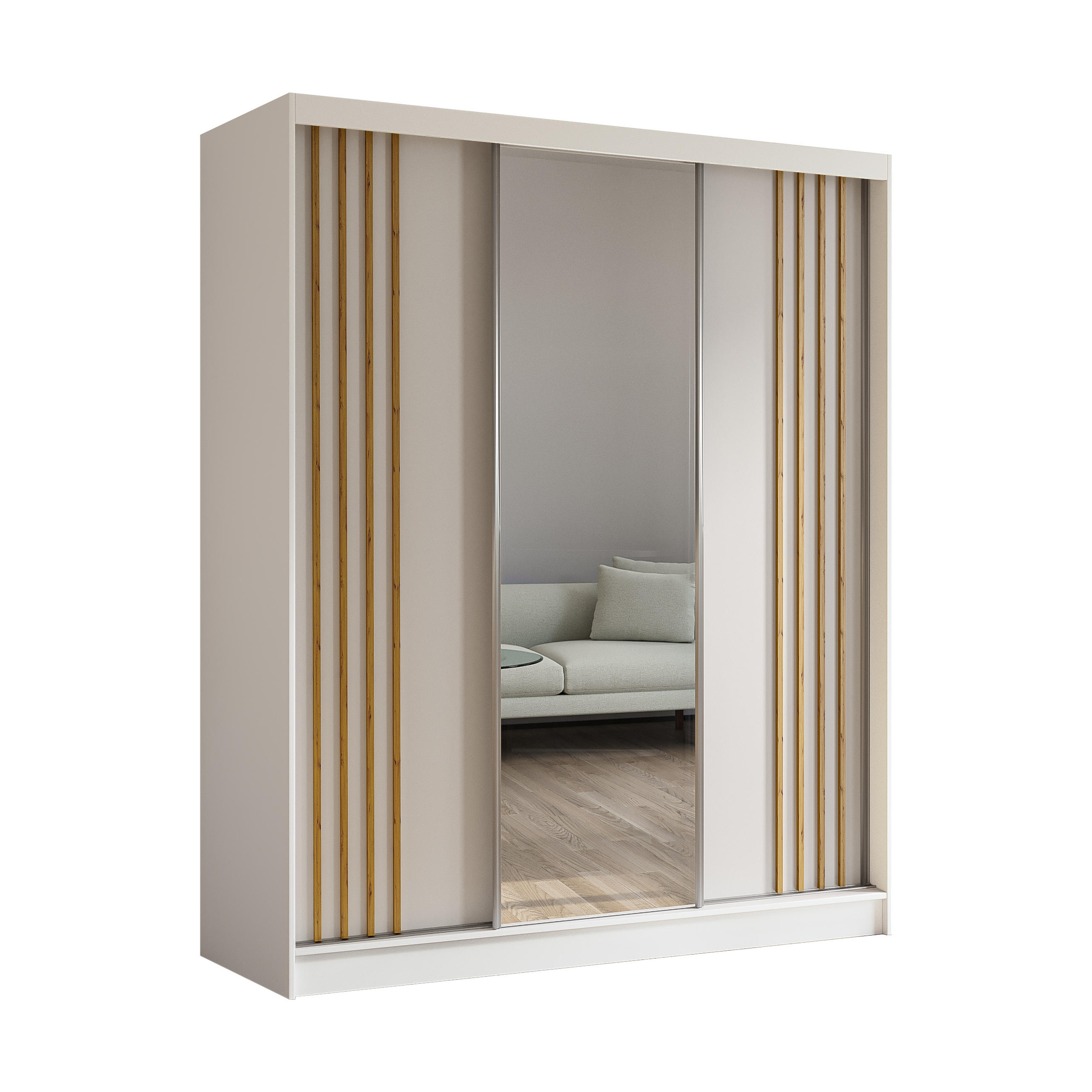 KLEIDERSCHRANK mit Spiegel-Schiebetüren und Aluminium-Leisten, LED-Beleuchtung - NALLA - 180 cm Weiß+Weiß+Artisan - Weiß/Eiche Artisan, Holzwerkstoff (180/216/61cm) - ALTDECOR