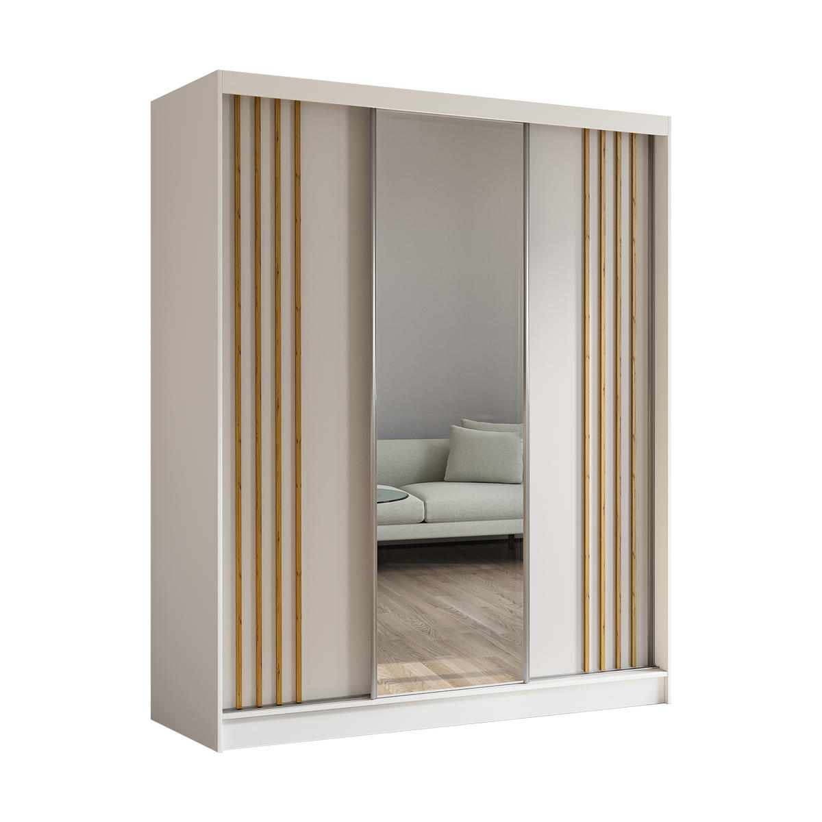 KLEIDERSCHRANK mit Spiegel-Schiebetüren und Aluminium-Leisten - NALLA - 180 cm Weiß+Weiß+Artisan - Weiß/Eiche Artisan, Holzwerkstoff (180/216/61cm) - ALTDECOR
