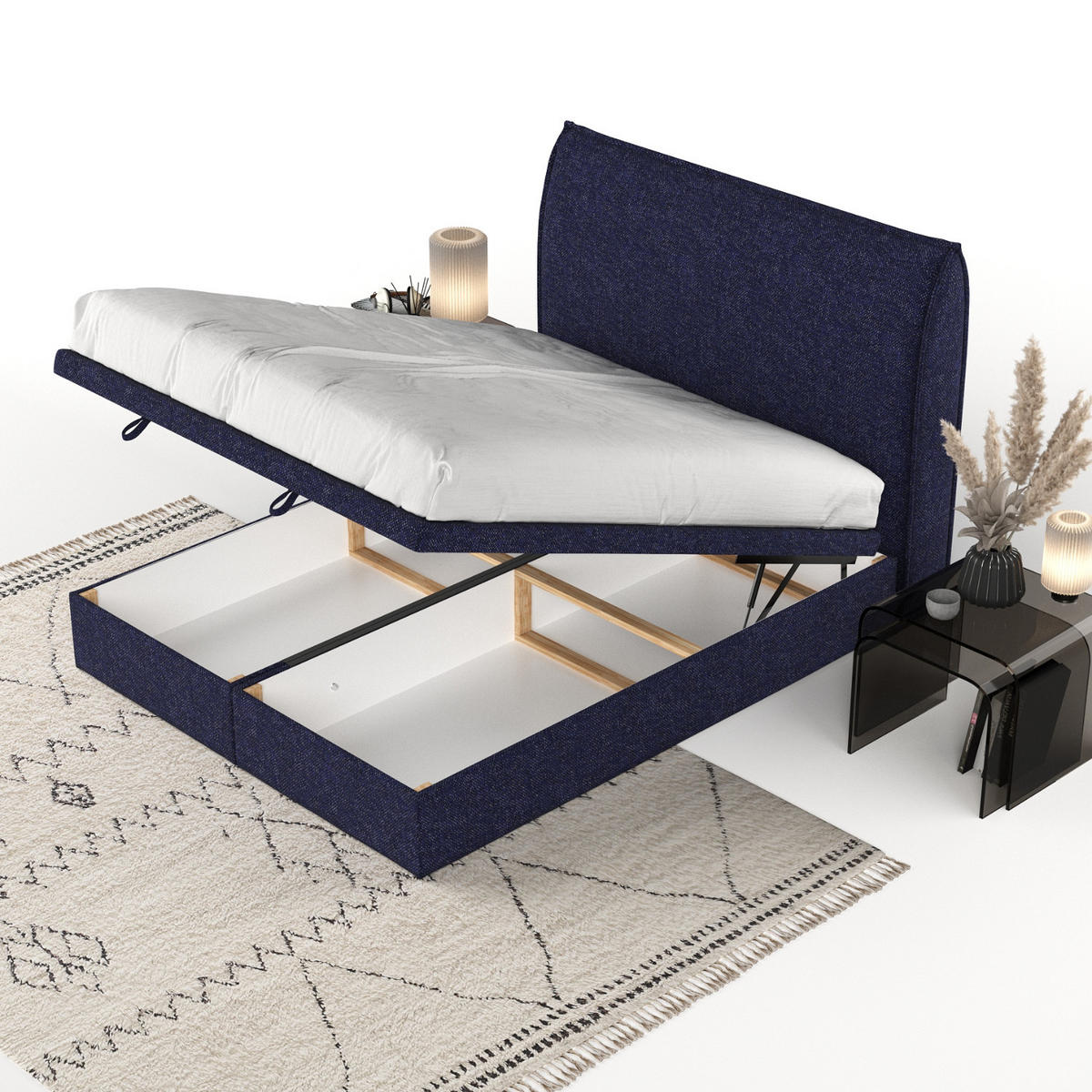 POLSTERBETT Tuvalu mit Stauraum 120/200 cm Marineblau im Alta Stoff - Schwarz/Dunkelblau, Holz/Holzwerkstoff (120/200cm) - AltaBeds