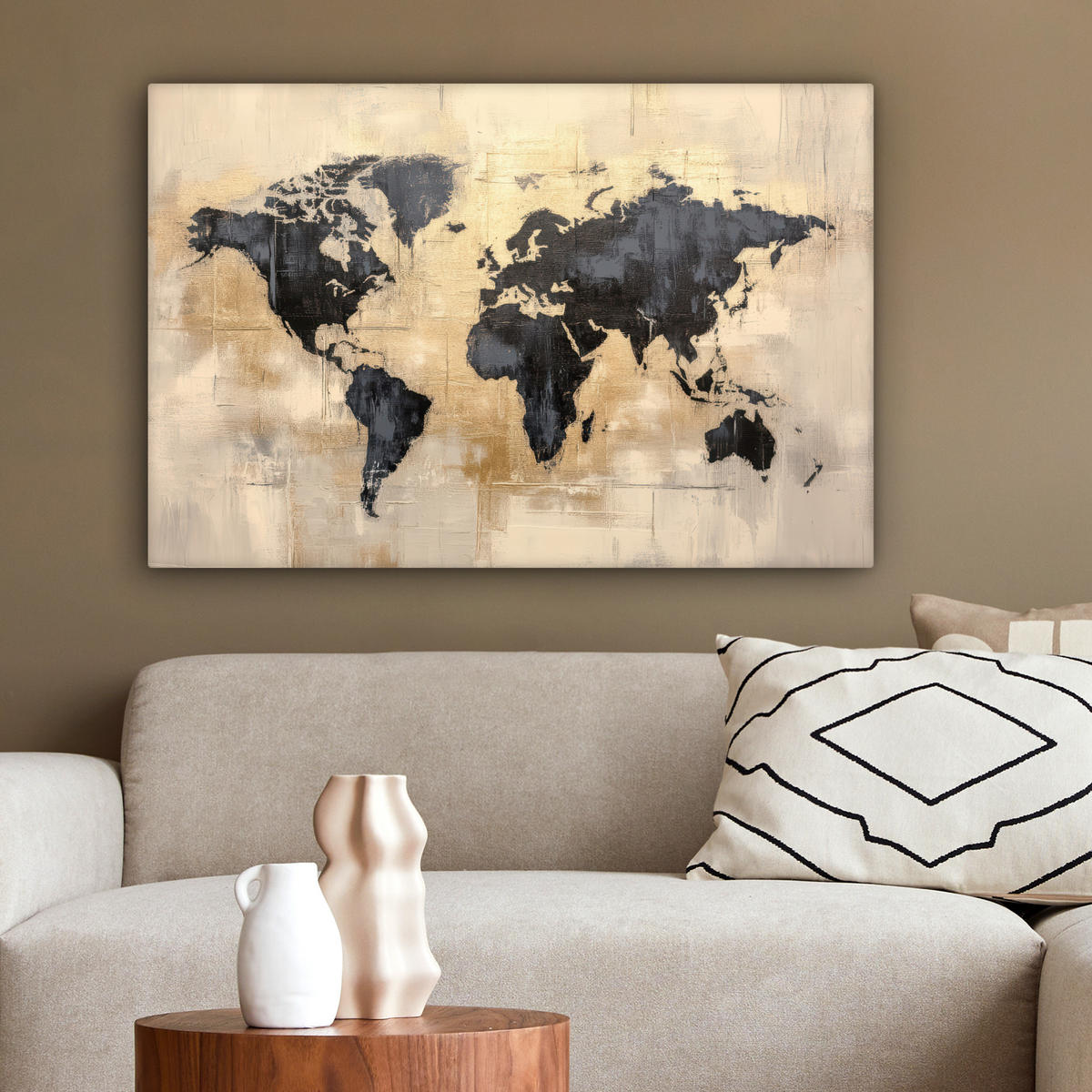 LEINWANDBILD Weltkarte - Gold - Schwarz - Abstrakt Gemälde 60x40 cm - Kupferfarben, Textil (60/40cm) - MuchoWow