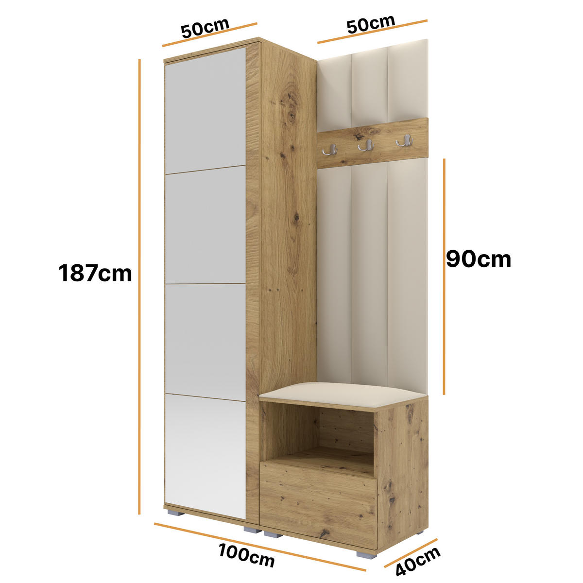 GEPOLSTERT Garderoben-Set Nela I LUX (Spiegel – Farbe Eiche Artisan + Stoff Trinity 01) - Silberfarben/Creme, Holz/Holzwerkstoff (100/187/40cm) - Ravio