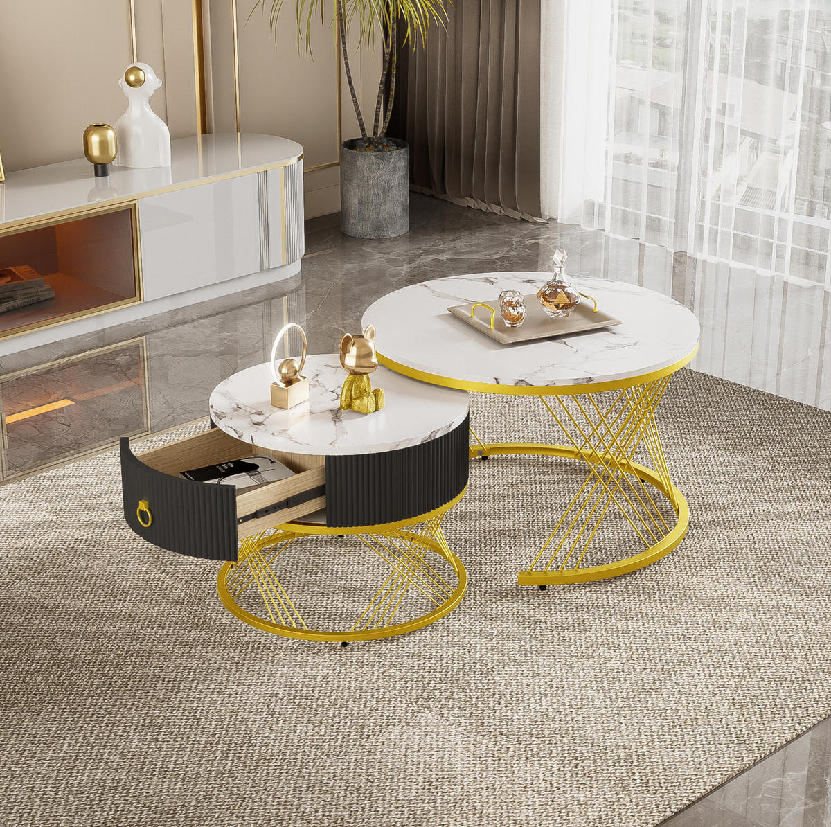 COUCHTISCH 70/70/45 cm und 50/50/40 cm in Weiß/Gold aus MDF mit Schublade - Weiß, Holzwerkstoff (70/70/45cm) - OKMYHOME
