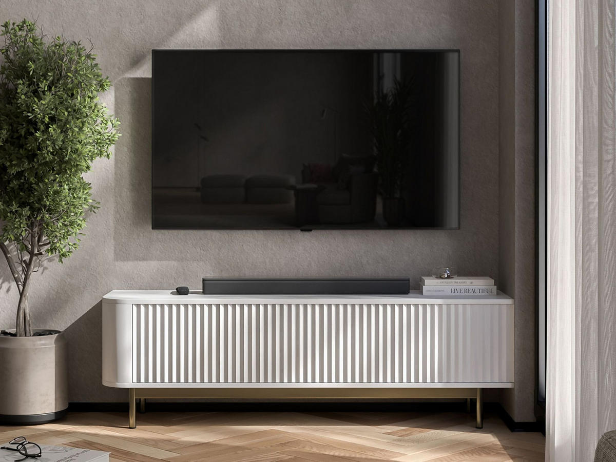 TV stolek Aurora bílý matný 140 cm se zlatým kovovým rámem - bílá/zlatá, kov/kompozitní dřevo (140/44/35cm) - Meble Lindner