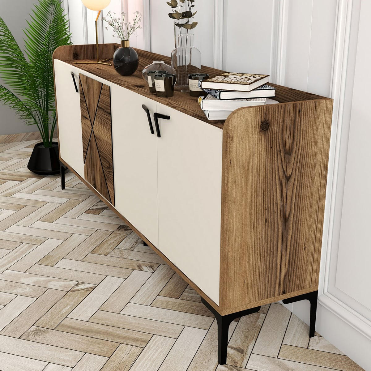 SIDEBOARD 4 Türen L180 cm - Venedik - Ecru, Holzwerkstoff (35/78/180cm) - Calicosy