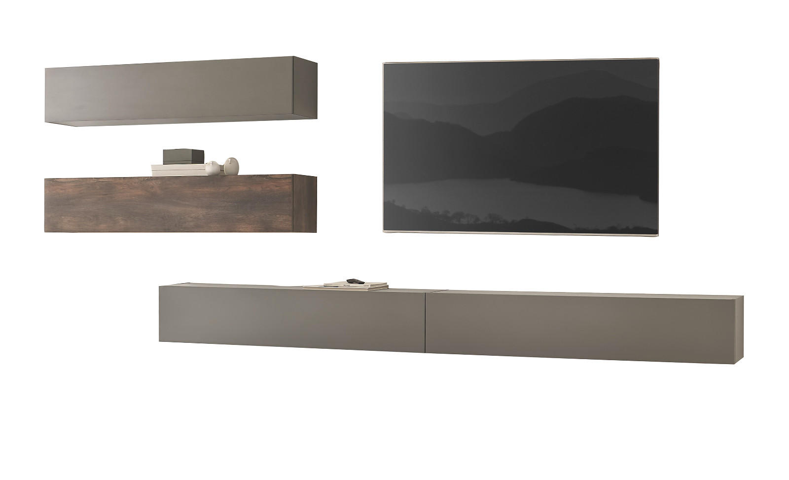 WOHNWAND Thermo Eiche, grau, Wohnkombination 4-teilig 380 cm mit Soft-Close - Eichefarben/Grau, Holzwerkstoff (380/200/30cm) - Furn.Design