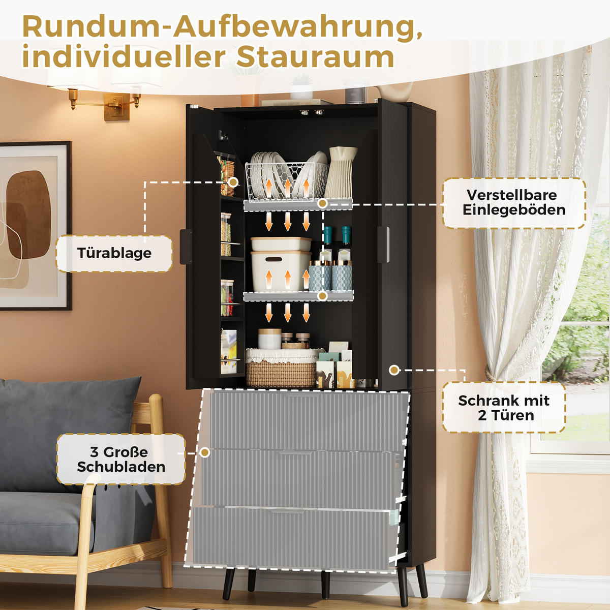 HIGHBOARD DE-38756 75/35/180 cm 2 Türen und 3 Schubladen Schwarz - Schwarz, Holzwerkstoff (75/180/35cm) - ComfortXL