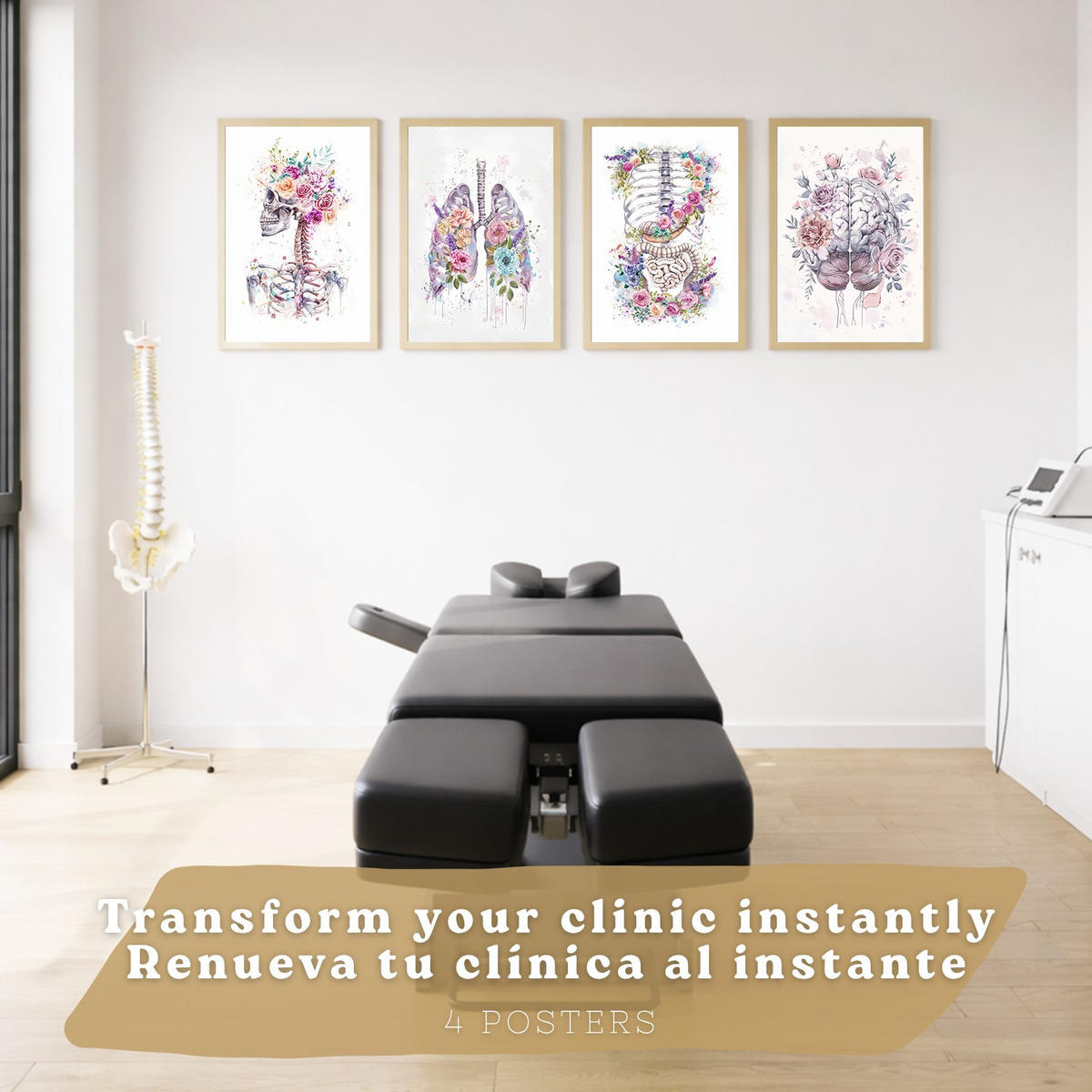 POSTER Set aus 4 Anatomie Mensch Drucke und Wandbilder mit Schädel Lungen Verdauungssystem und Gehirn Florales Aquarell Design Größe Rahmenlos A4 - Klar, Papier (21/29.7/3cm) - Nacnic