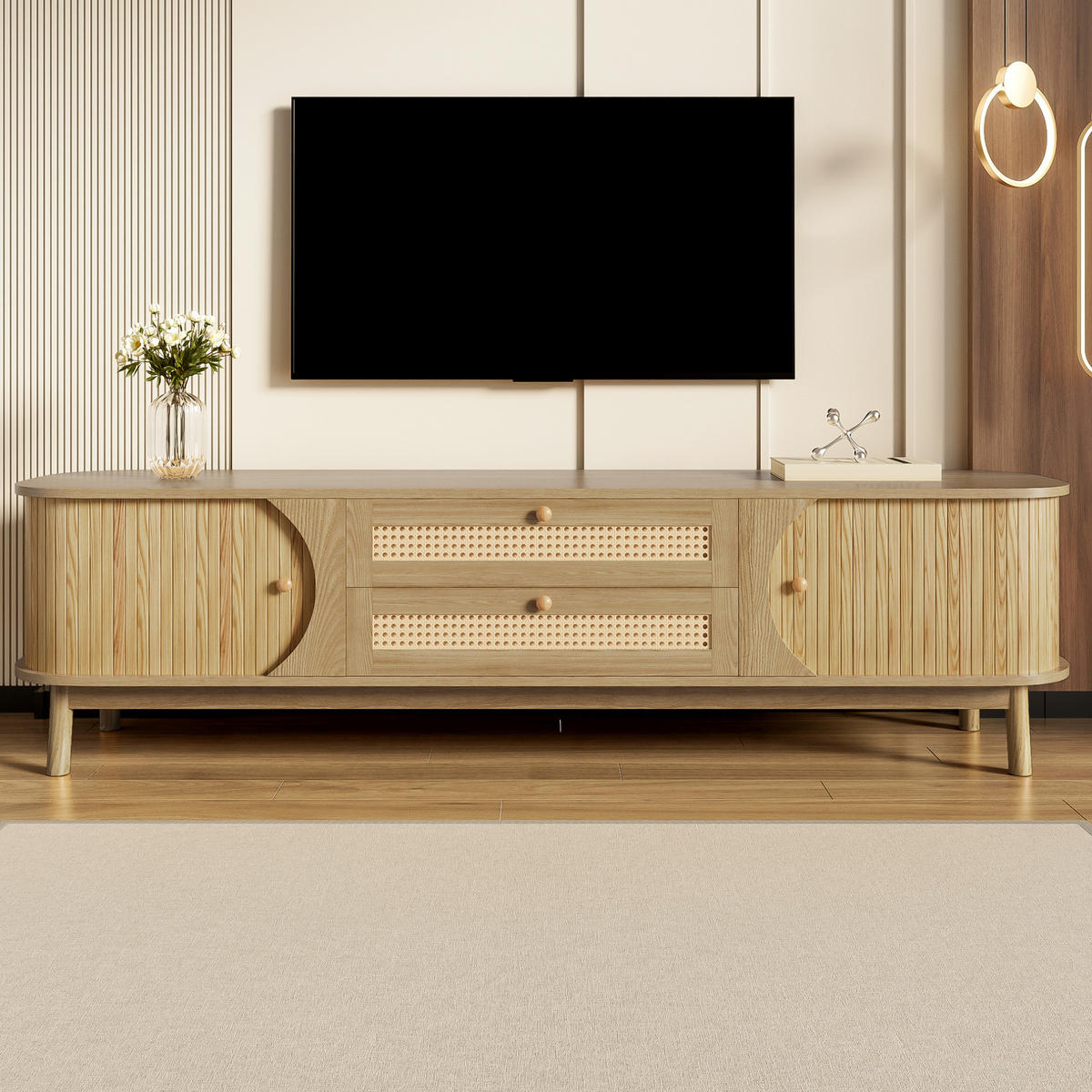 LOWBOARD 170/39,5/46 cm aus Holzwerkstoff und Massivholz mit Rattanfronten Natur - Eichefarben, Holzwerkstoff (170/46/39.5cm) - Modenvie