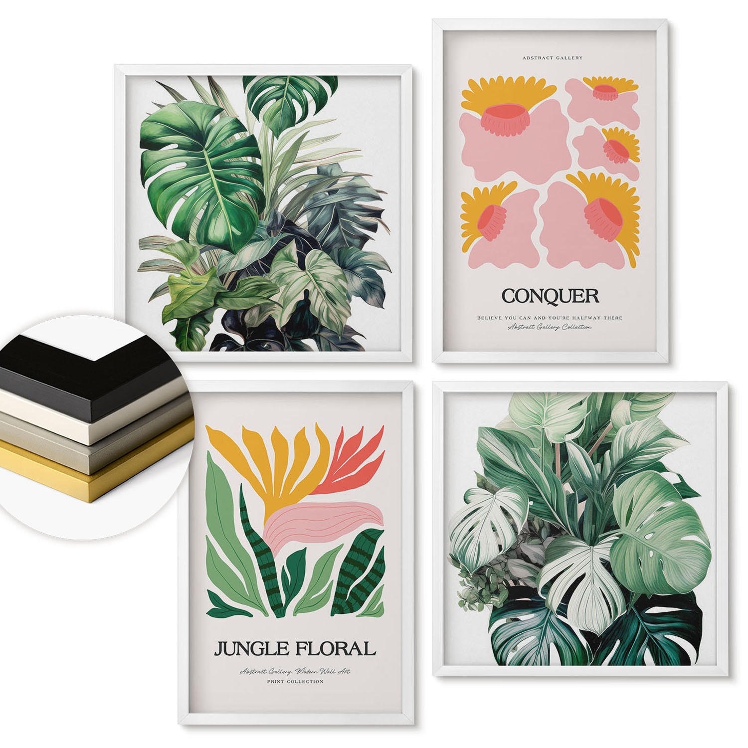 WANDBILDER 4er-Set - 50x50 cm & 40x60 cm Weißer Rahmen - Blumen und Blätter – moderne Poster - Weiß, Kunststoff (50/50cm) - ArtPrintCave