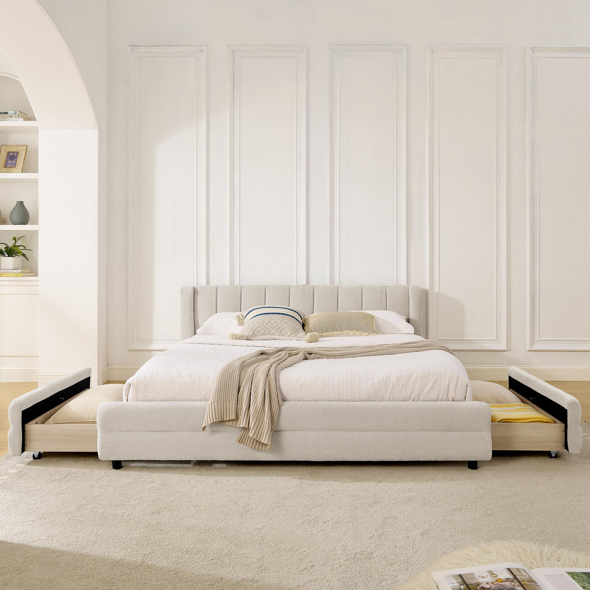 POLSTERBETT 160/200 cm in Beige Stoff mit 4 Schubladen, USB und Type-C - Beige, Holzwerkstoff/Textil (160/200cm) - WISHDOR