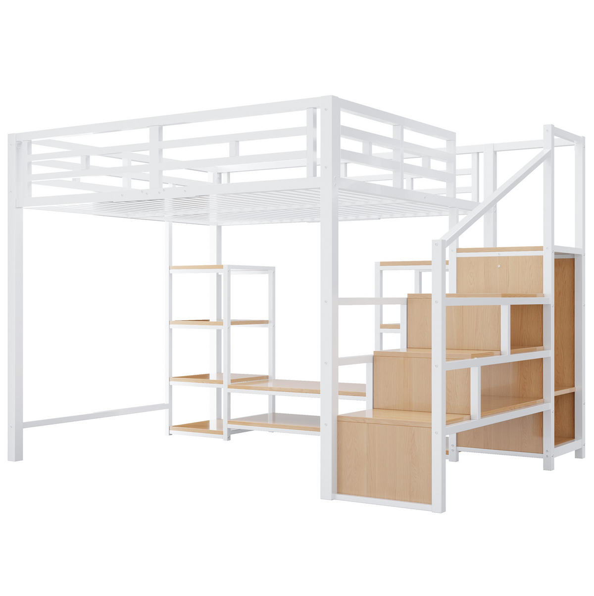 HOCHBETT 140/200 cm aus Metall und MDF mit TV-Ständer, Steckdose und Aufbewahrungsleiter Weiß - Weiß, Metall (140/200cm) - Modenvie
