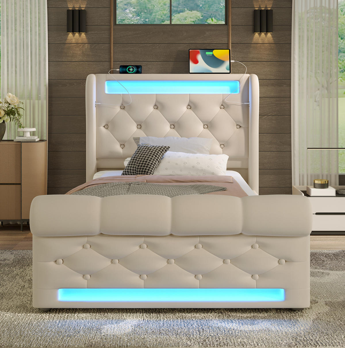 TAPECIRANI krevet 90/200 cm s LED osvjetljenjem, USB i Type-C priključcima te hidrauličnim spremištem, Bež - bež, tekstil (90/200cm) - Redom