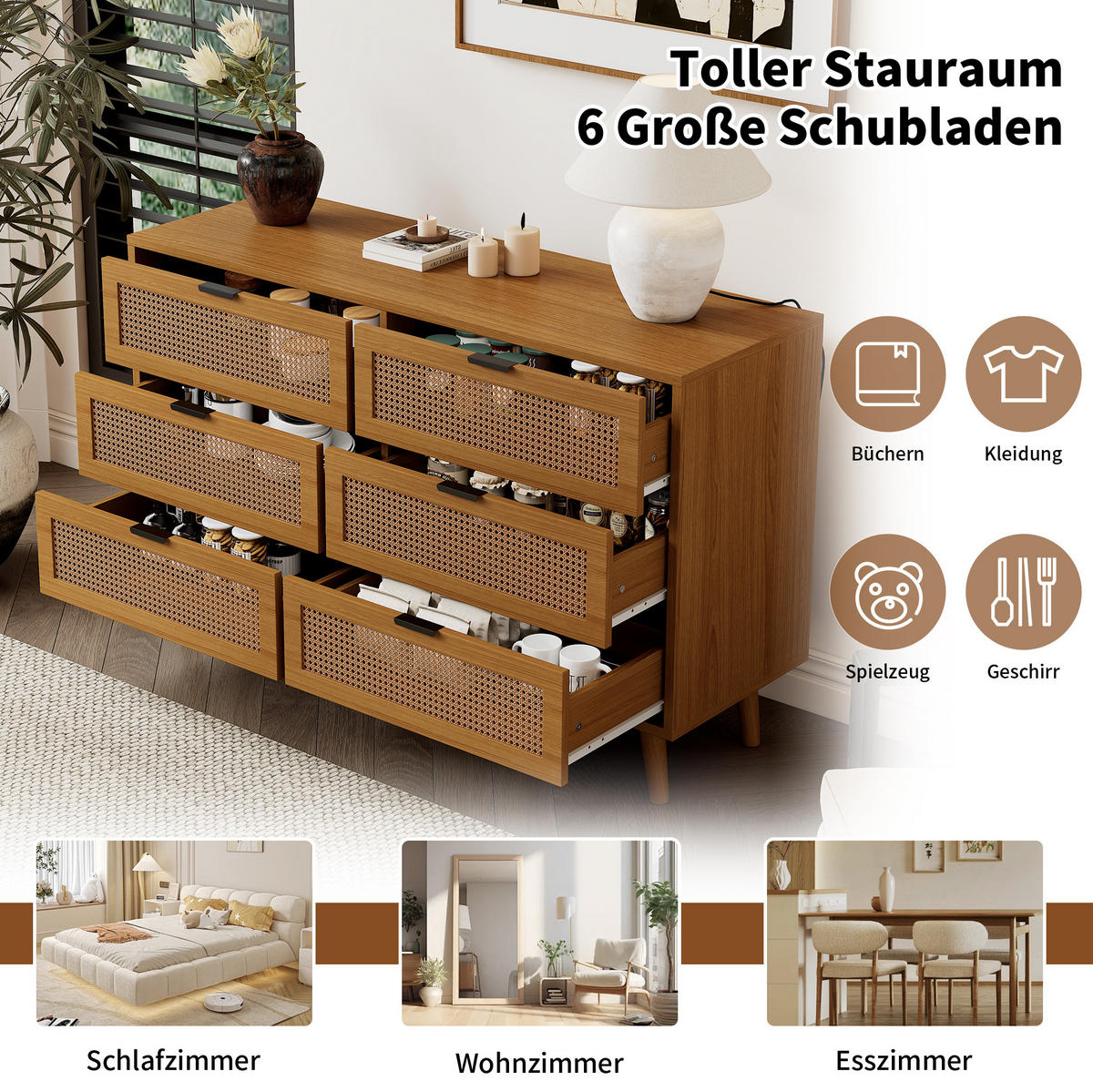 KOMMODE 120/40/76,5 cm mit 6 Schubladen, Metallgriffen und Retro-Design, Walnuss - Naturfarben, Holzwerkstoff (120/76.5/40cm) - Redom