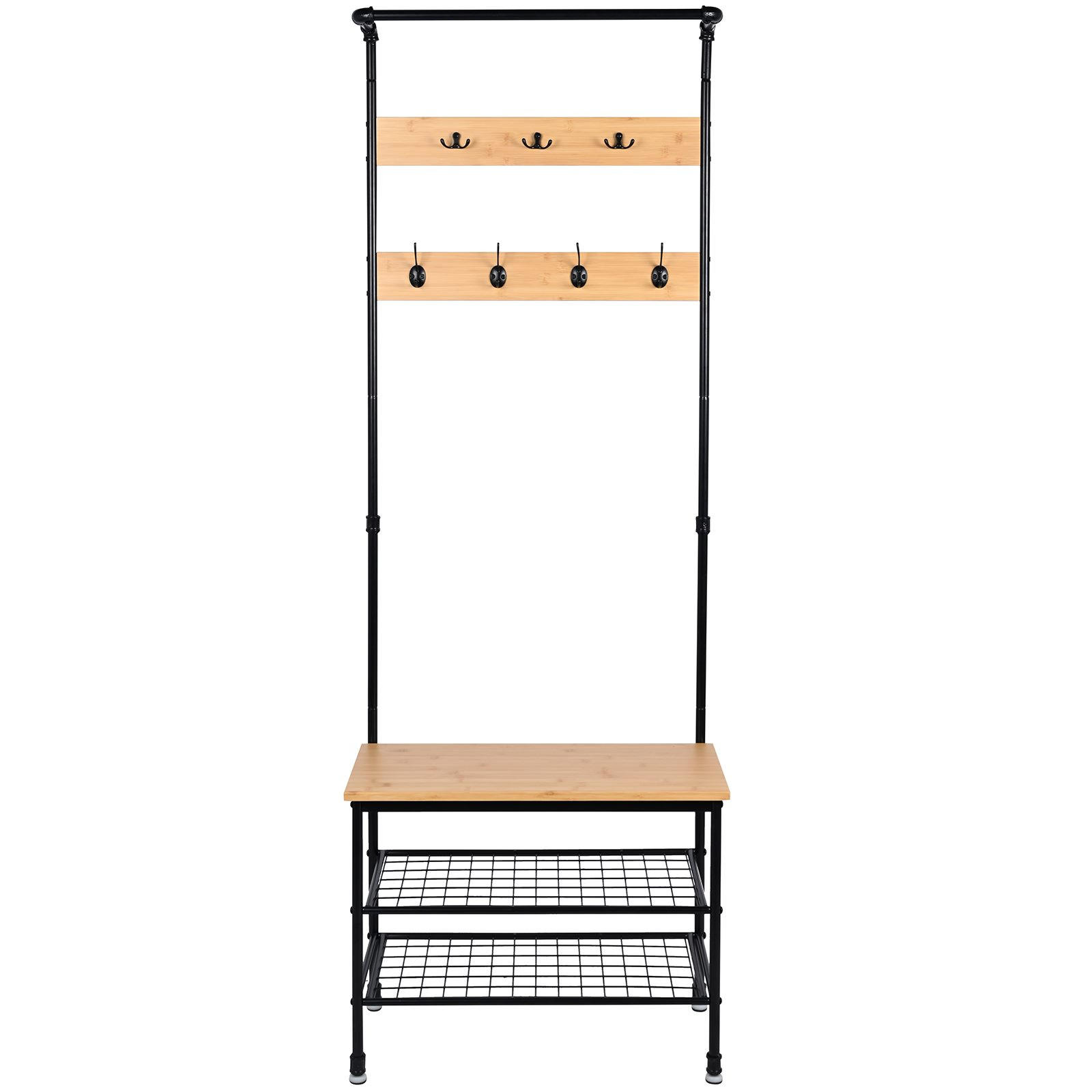 GARDEROBENSTÄNDER Bambus Metall Holzoptik mit Bank 66×32×186 cm - Schwarz/Naturfarben, Holzwerkstoff/Metall (66/183/32cm) - Begryf