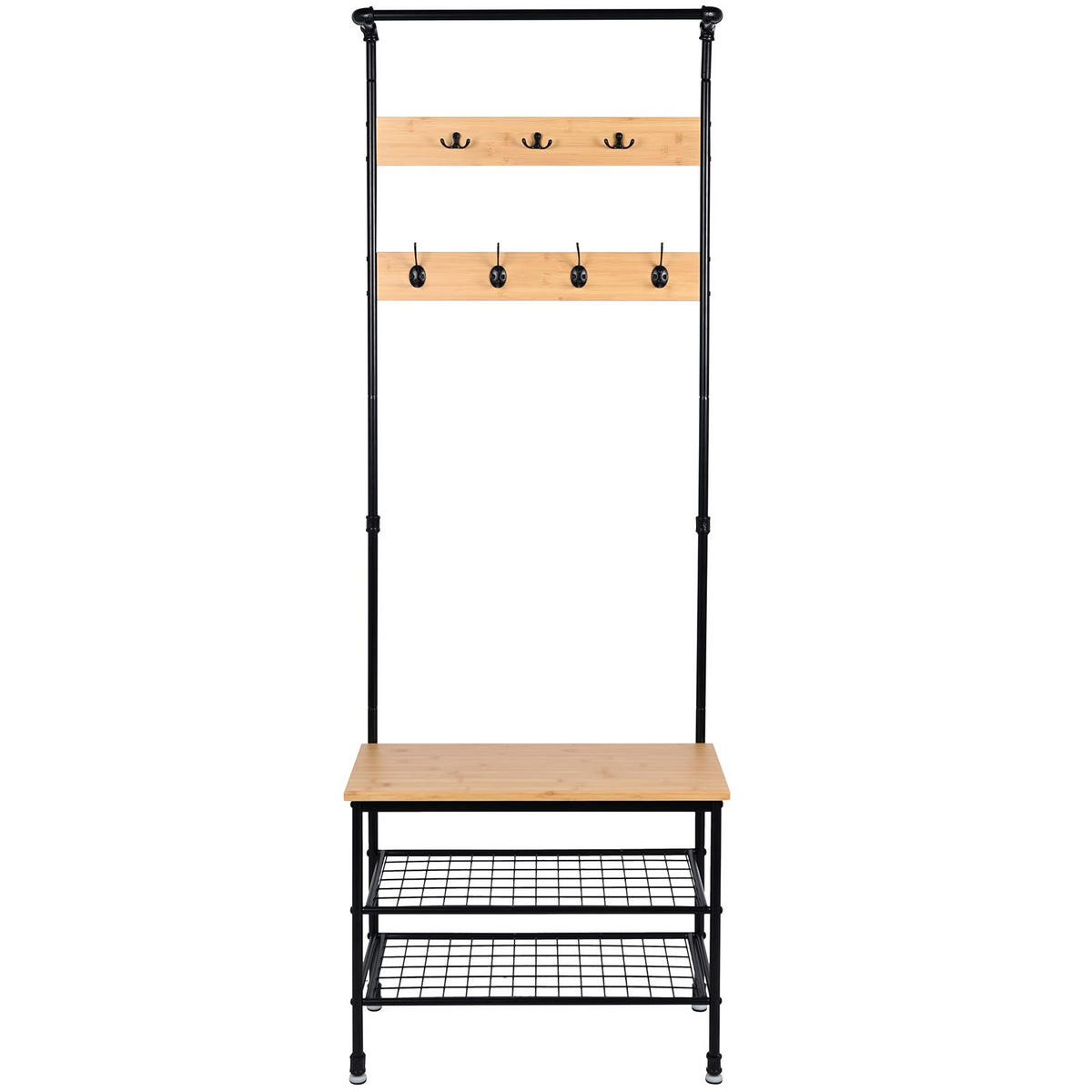 GARDEROBENSTÄNDER Bambus Metall Holzoptik mit Bank 66×32×186 cm - Schwarz/Naturfarben, Holzwerkstoff/Metall (66/183/32cm) - Begryf