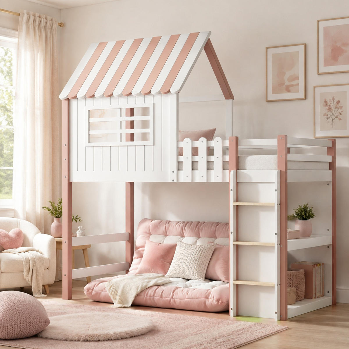 HOCHBETT 90/200 mit Dachdesign, Sicherheitsleiter und Lattenrost in Rosa - Weiß/Rosa, Holz/Holzwerkstoff (90/200cm) - EVRYAE