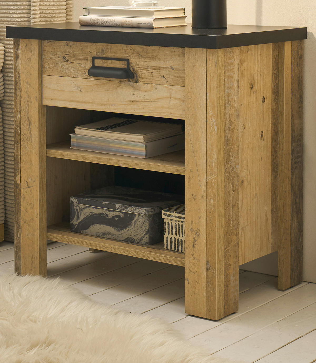 NACHTTISCH Used Wood hell, dunkles Grau 60 x 61 cm, Nachtkommode mit Schubkasten und Soft-Close - Dunkelgrau/Schwarz, Holzwerkstoff/Kunststoff (60/61/39cm) - Furn.Design