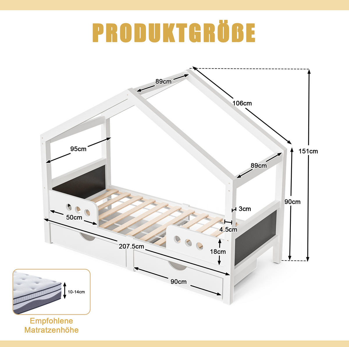 KINDERBETT 90/200 cm mit Dachdesign, Tafel und 2 Schubladen aus Holz und MDF, Weiß - Weiß, Holz (90/200cm) - Redom