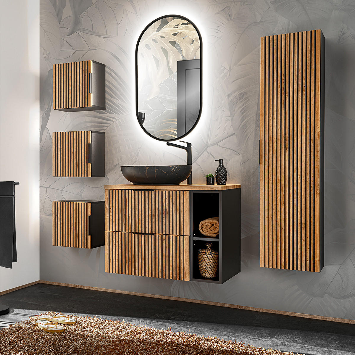 WASCHTISCH 80.6cm Gaia Holz in Eichenoptik und Schwarz - Schwarz, Holzwerkstoff (80.6/59/46cm) - Petits-meubles