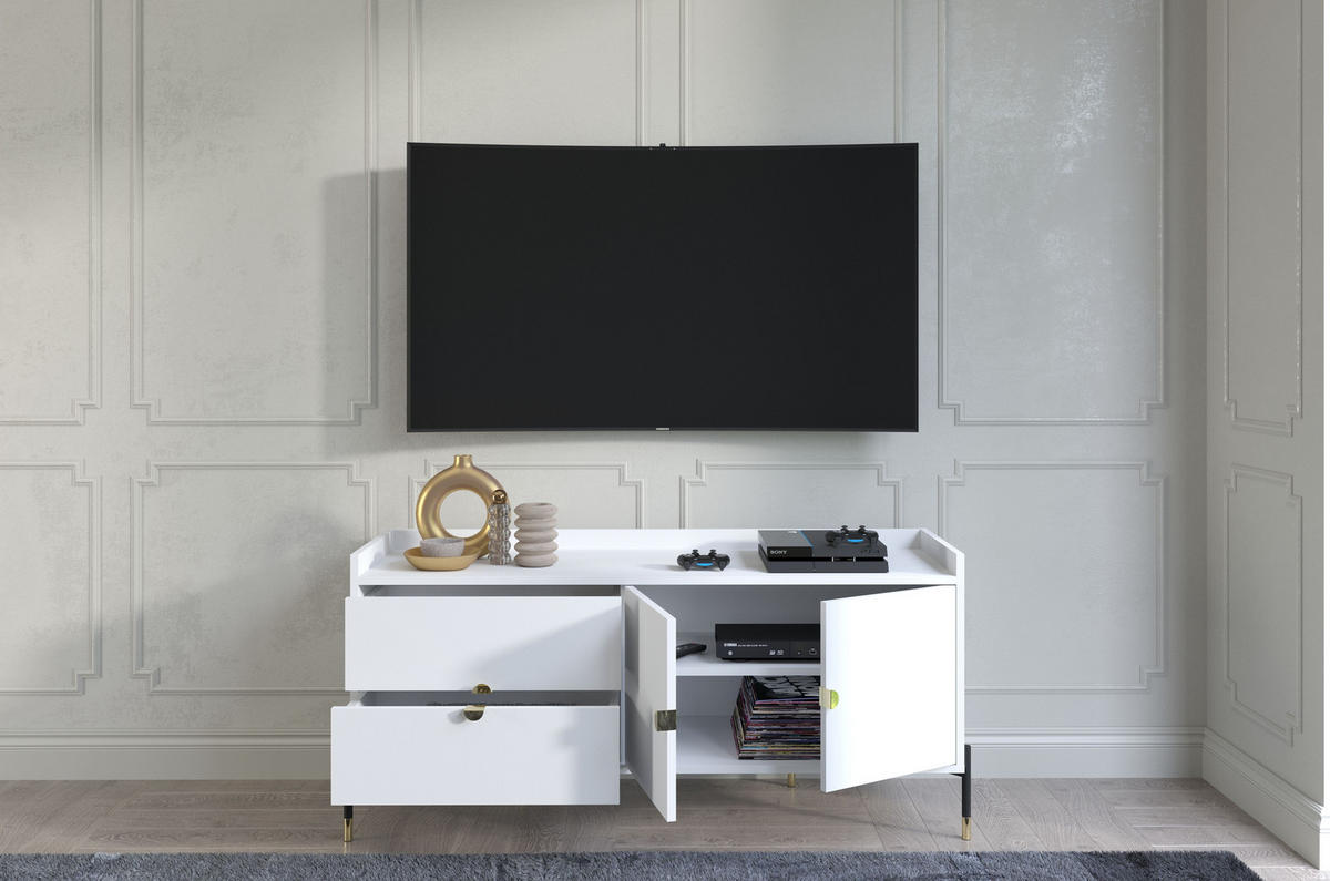 SIDEBOARD Iga, Weiß, Goldene Details, Schwarz Metallsockel - Schwarz/Weiß, Holzwerkstoff/Metall (142/65.5/42cm) - Dancan