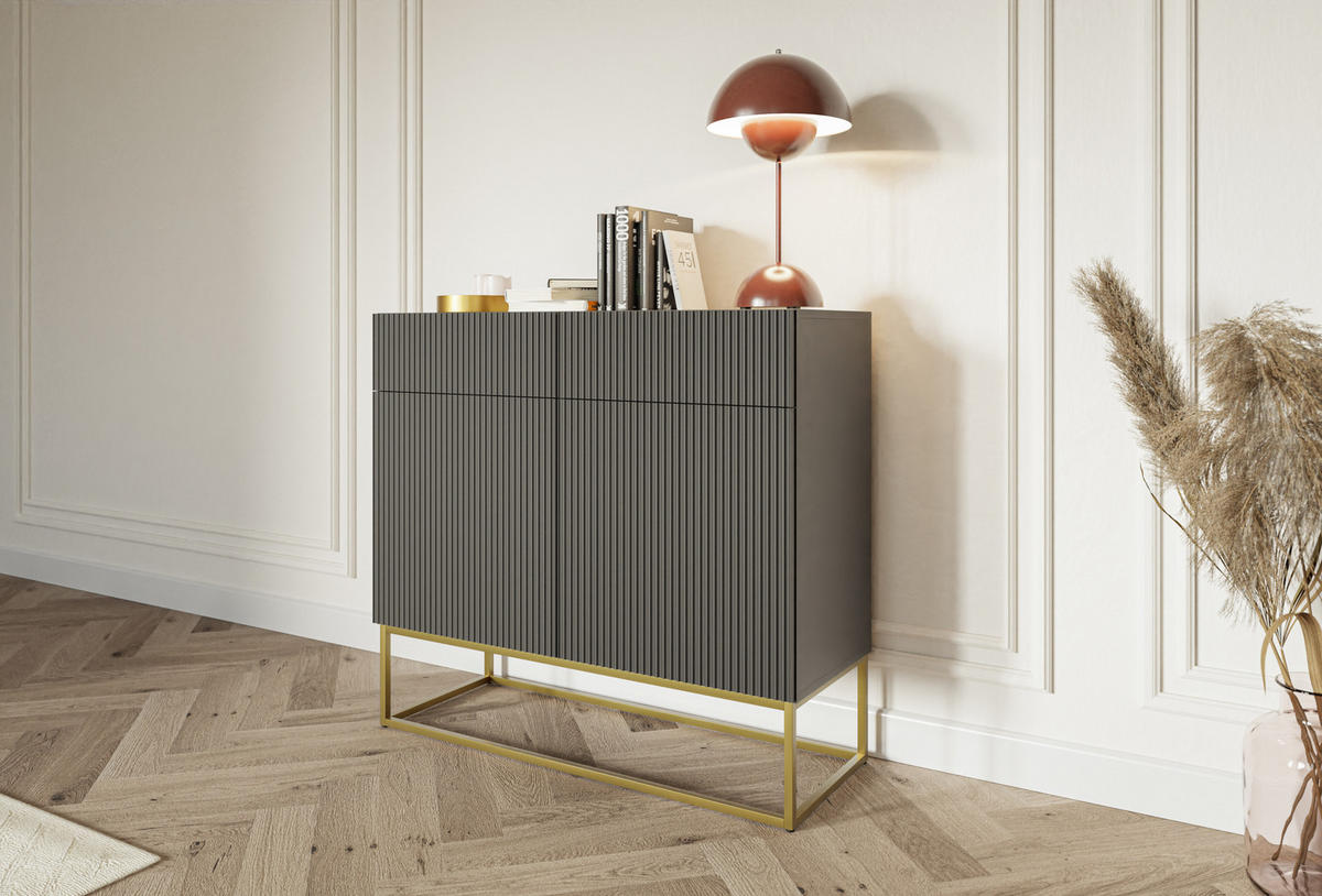 KOMMODE Veldio Schwarz mit goldenem Metallgestell 100 cm - Goldfarben/Schwarz, Holzwerkstoff/Metall (100/90/38cm) - Selsey