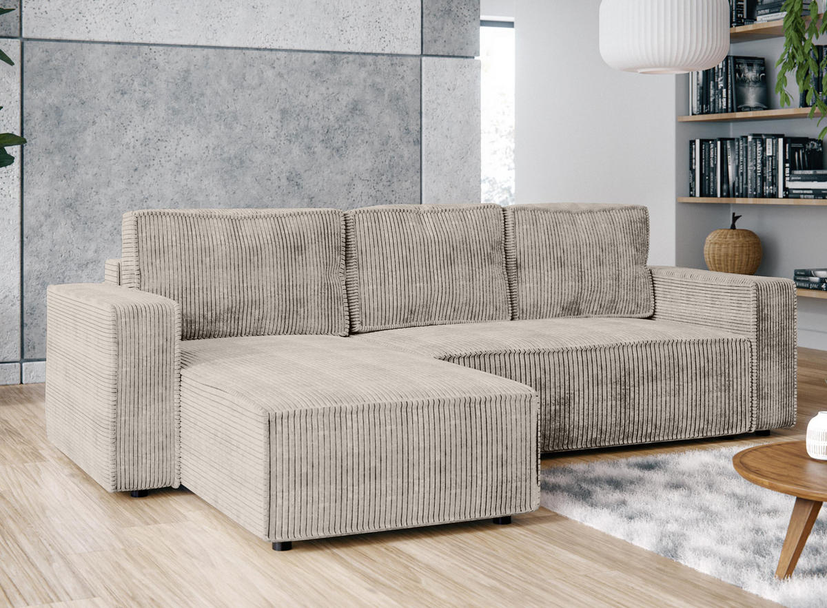 ECKSOFA L Form Aydin Beige 258/169/85 cm Cord Universal mit Schlaffunktion - Beige/Schwarz, Kunststoff/Textil (258/169cm) - AX Living