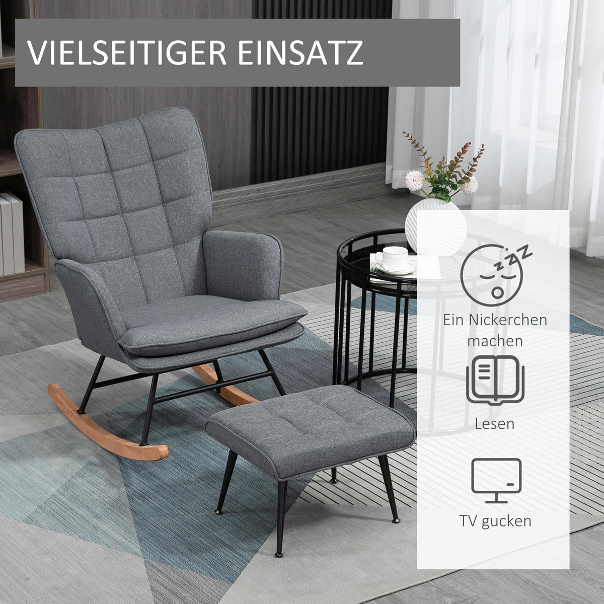 SCHAUKELSTUHL Schwingsessel mit Hocker Armlehnsessel Relaxsessel mit Leinenoptik - Buchefarben/Grau, Holz/Buchenholz (89/90/64cm) - HOMCOM