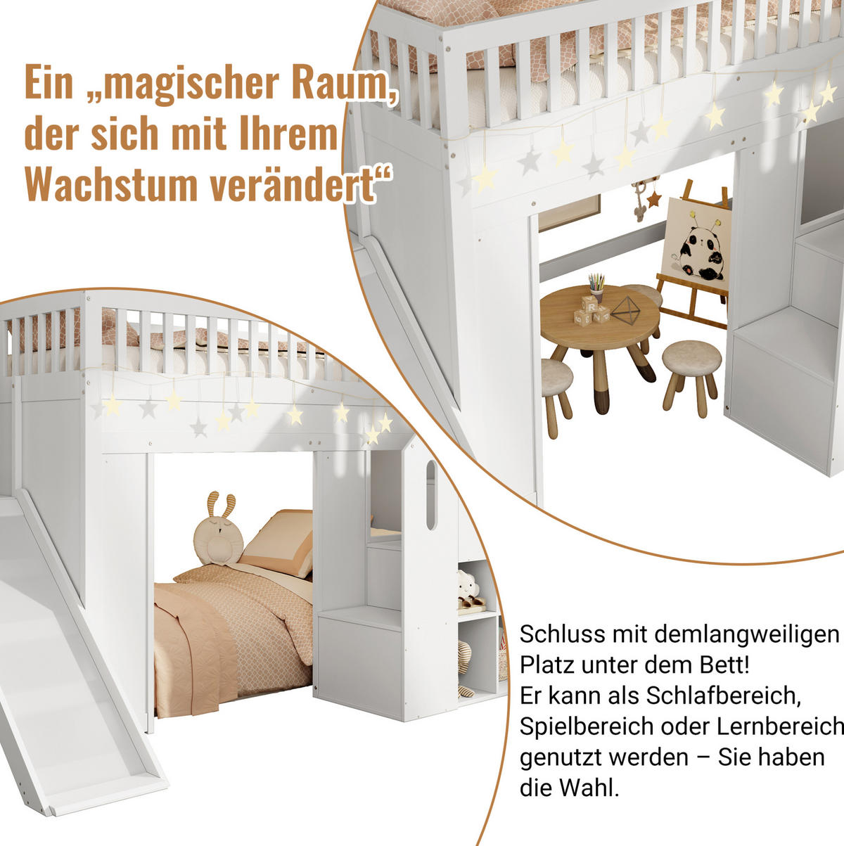 HOCHBETT aus Kiefernholz und MDF 90x200 cm Weiß mit Rutsche, Eckstauraumtreppe, LED-Lichtleiste und Lattenrost - Weiß, Holzwerkstoff (90/200cm) - Modfu