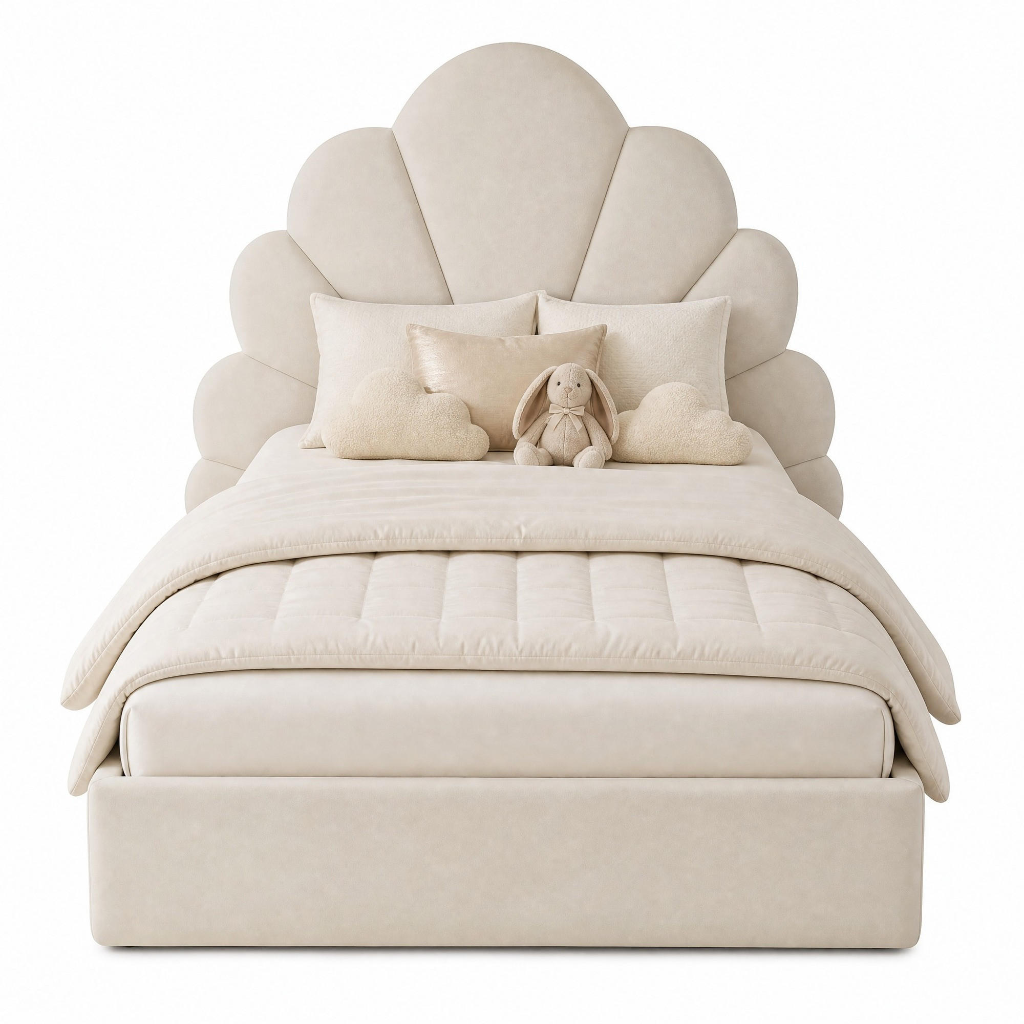 POLSTERBETT 90/200 mit geschwungenem Blütenkopfteil, weichem Samtbezug und Anti-Rutsch-Elementen in Beige - Beige, Holzwerkstoff/Textil (90/200cm) - EVRYAE