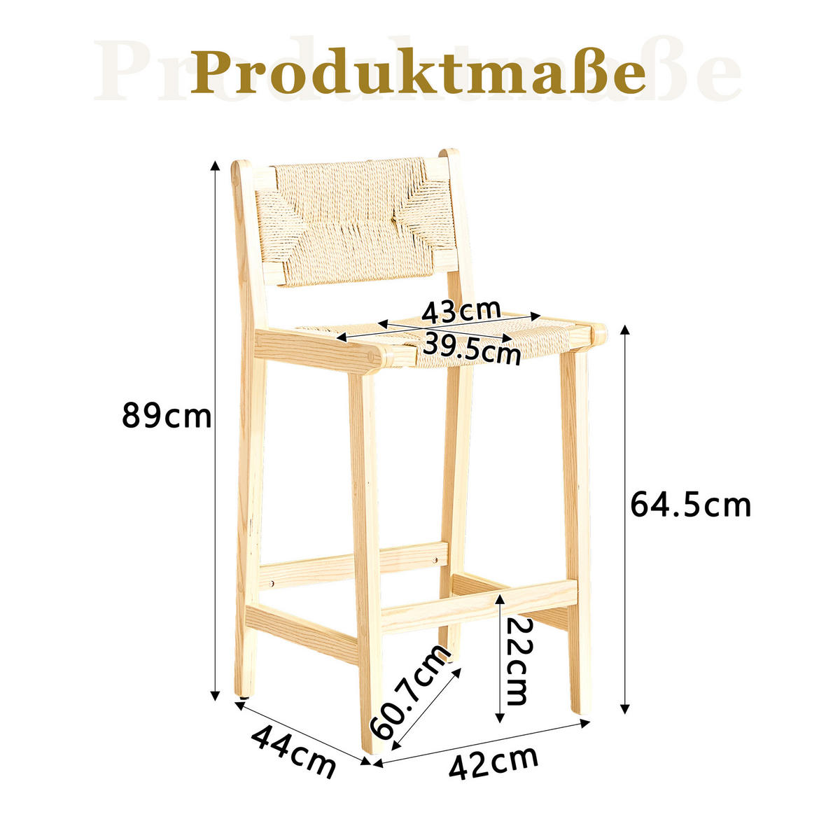 BARHOCKER 2er-Set Natur aus Massivholz mit handgewebtem Seilgeflecht und Rückenlehne - Naturfarben, Holz (44/89/42cm) - PANGIVO