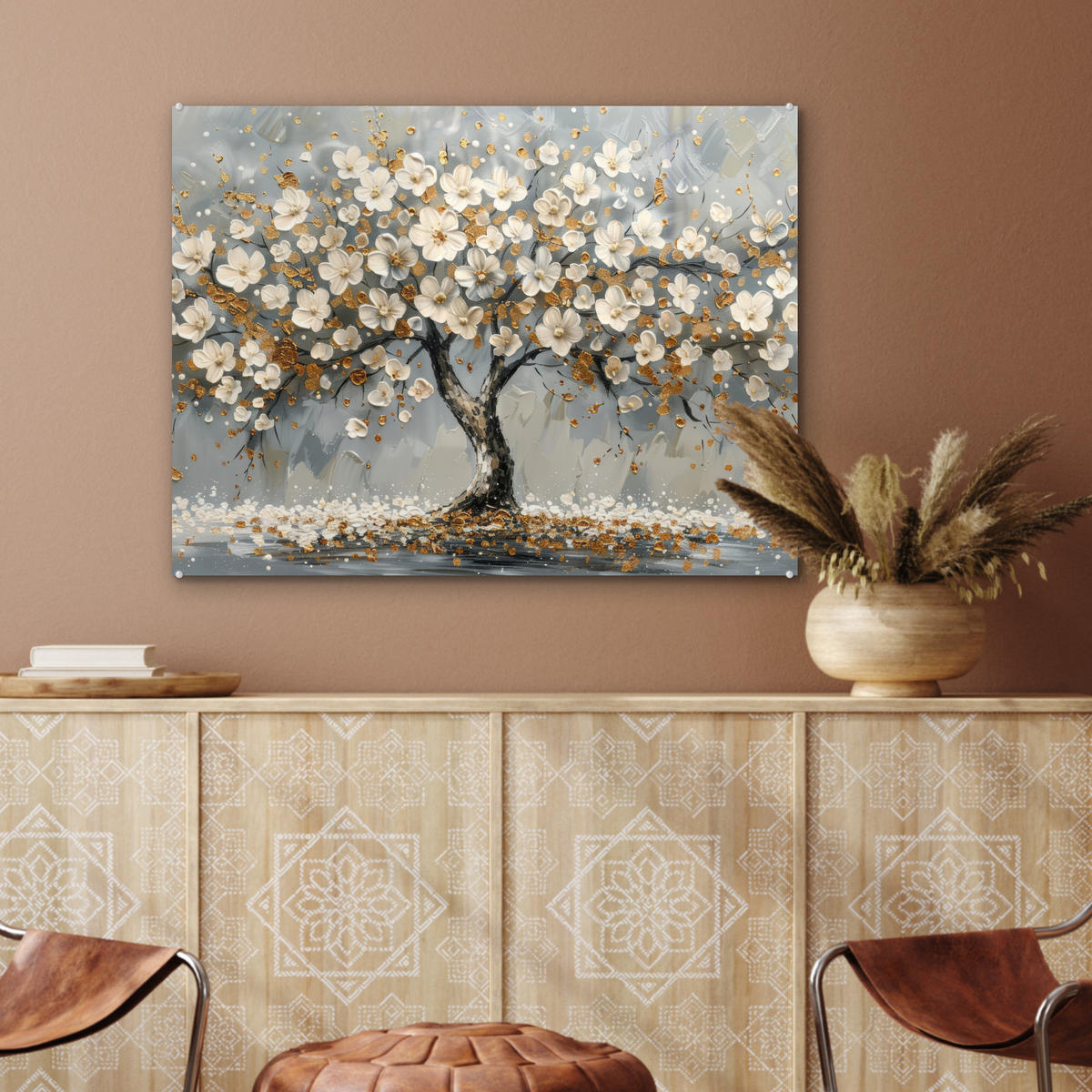 ACRYLGLASBILD Baum - Blumen - Weiß - Natur - Kunst 80x60 cm - Weiß, Glas (80/60cm) - MuchoWow
