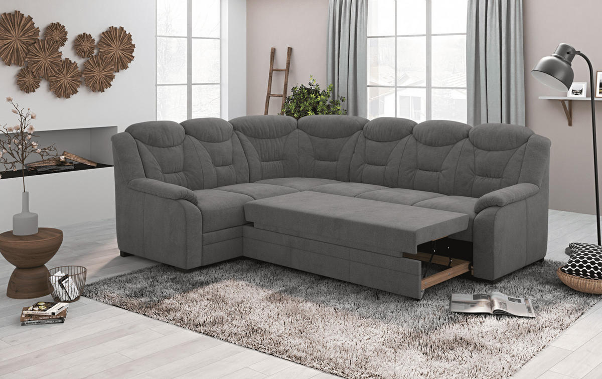 ECKSOFA mit Schlaffunktion und Bettkasten – weiches Chenille-Gewebe - Dunkelgrau/Anthrazit, Holz/Kunststoff (263/211cm) - Cotta