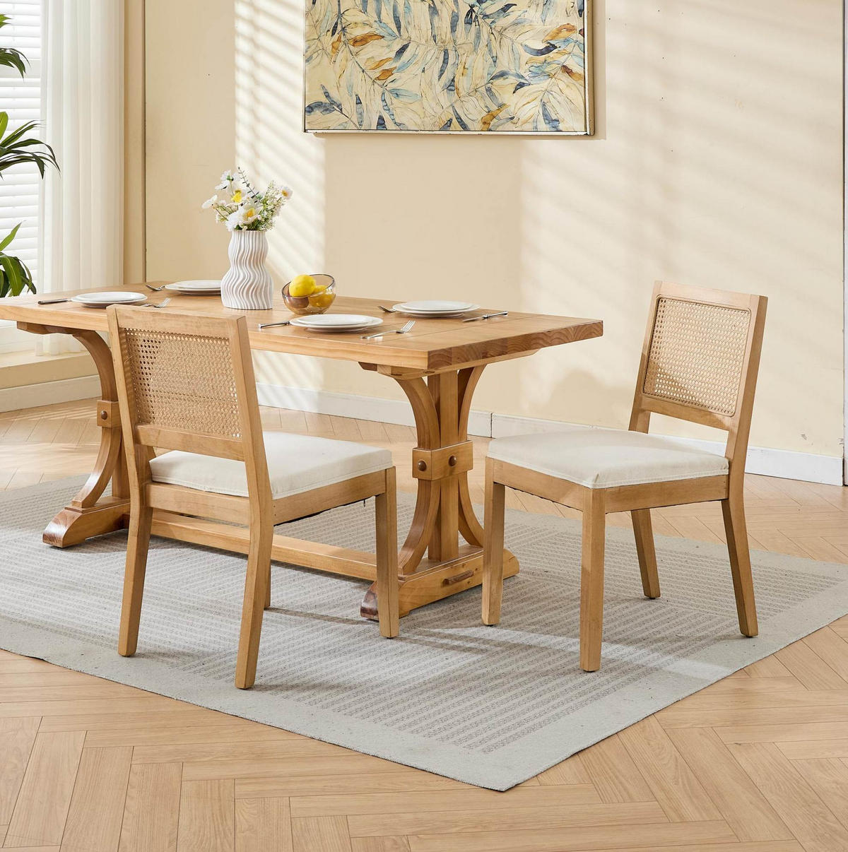 ESSZIMMERSTUHL mit Rattangeflecht Leinen Beige 2er-Set - Beige, Holz (48/86.5/56cm) - Meubliv