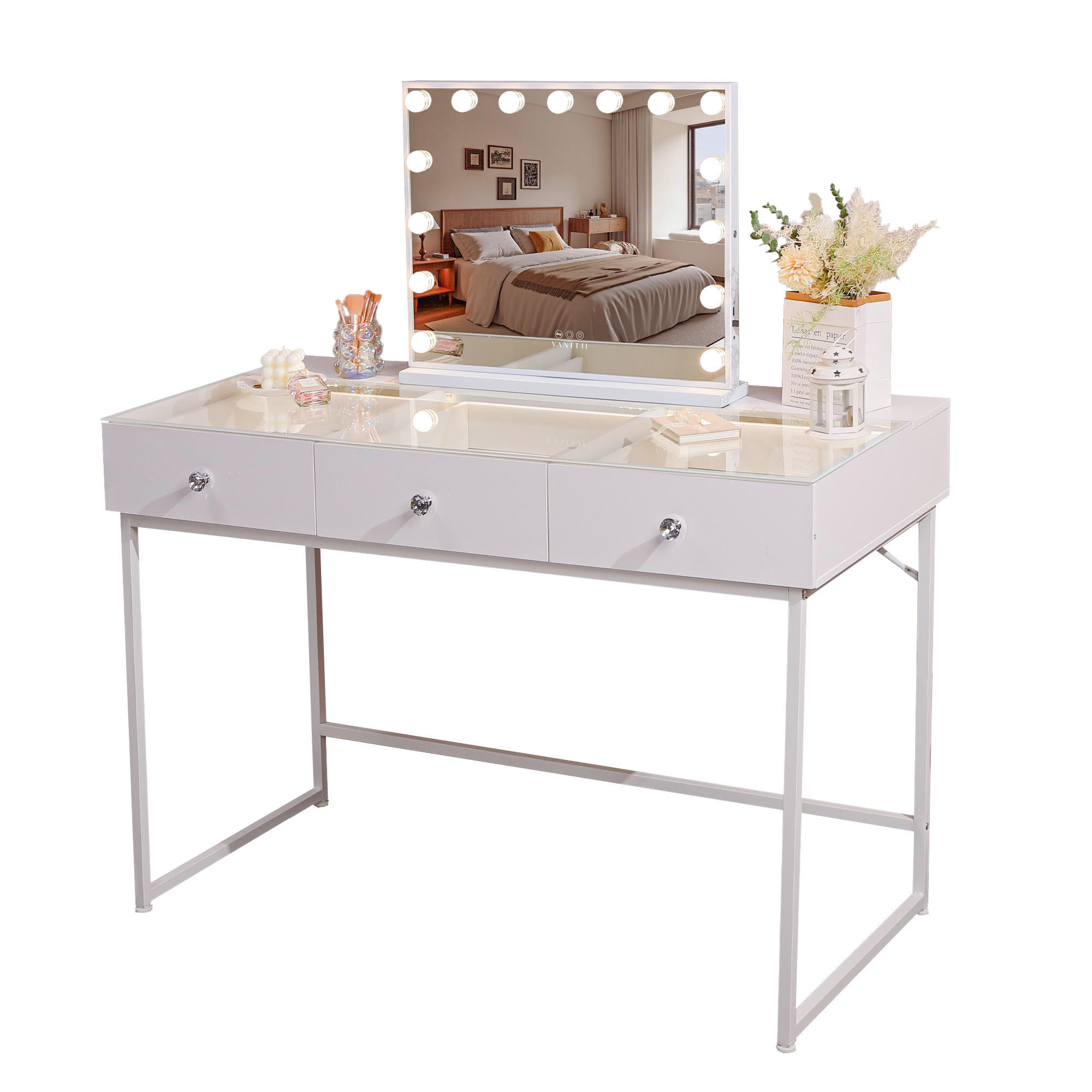 SCHMINKTISCH mit 3 Schubladen 115/55/81 CM und LED Beleuchtung Schminkspiegel Lichtleiste weiß 58/46 cm - Weiß, Holz (55/81/115cm) - VANITII